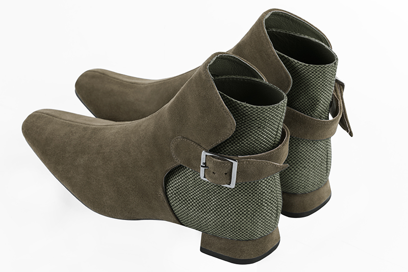 Khaki green women's ankle boots with buckles at the back. Square toe. Flat flare heels. Rear view - Florence KOOIJMAN
